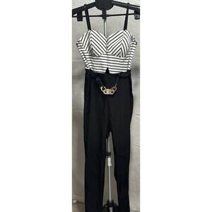 MATERIAL GIRL Black White Sexy Jumpsuit w/Gold Belt Accent Size Medium